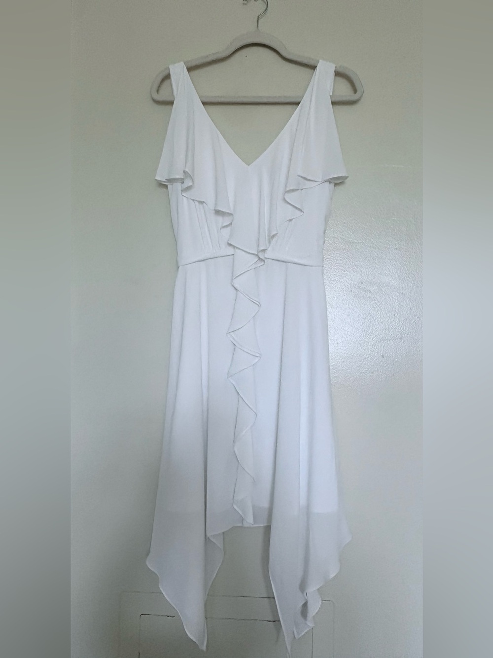 BCBG White Ruffle High-Low V-Neck Dress